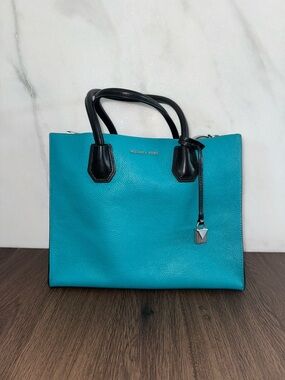 Michael Kors Turquoise Leather Tote with Black Handles